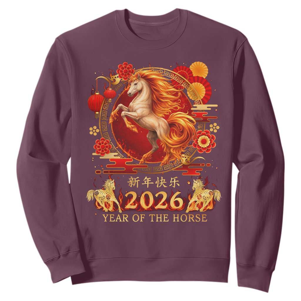 Year of The Fire Horse Sweatshirt Funny Chinese Zodiac Lunar New Year 2026 TS11 Maroon Print Your Wear