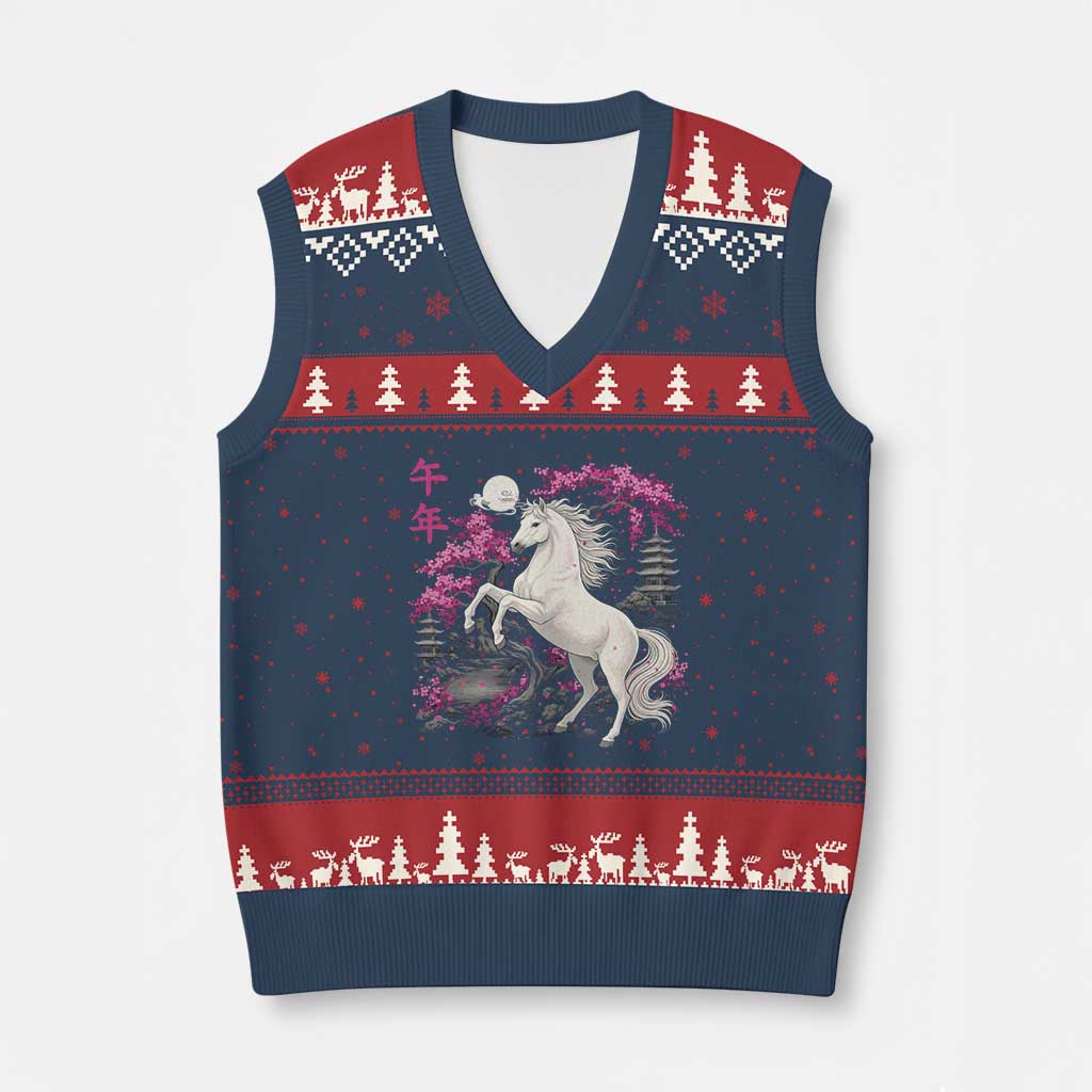 Japanese New Year 2026 V-Neck Knit Sweater Vest Year Of The Horse Sakura Cherry Blossom Shrine TS11 Navy Red Print Your Wear