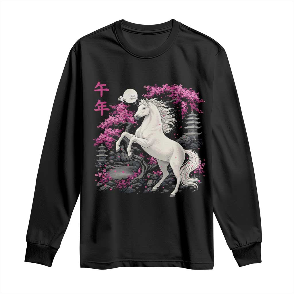Japanese New Year 2026 Long Sleeve Shirt Year Of The Horse Sakura Cherry Blossom Shrine TS11 Black Print Your Wear