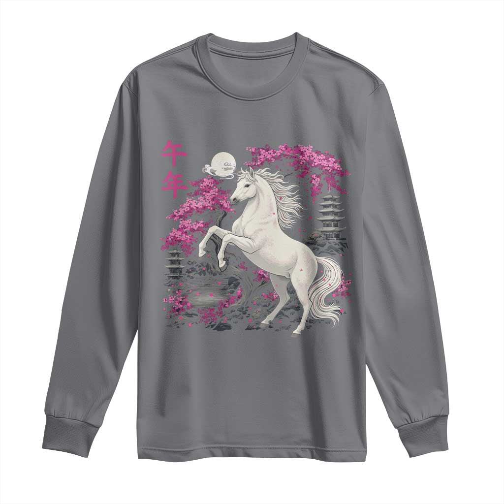 Japanese New Year 2026 Long Sleeve Shirt Year Of The Horse Sakura Cherry Blossom Shrine TS11 Charcoal Print Your Wear