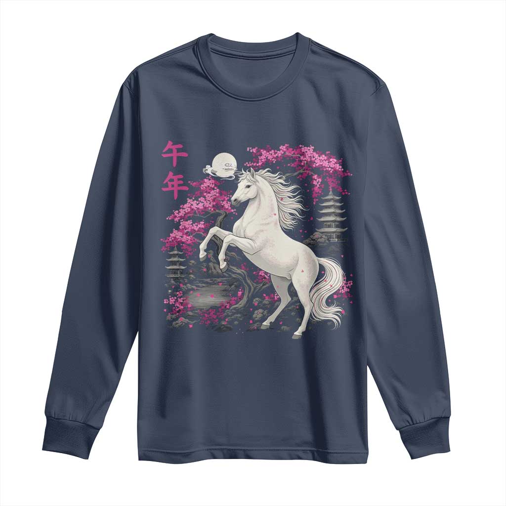 Japanese New Year 2026 Long Sleeve Shirt Year Of The Horse Sakura Cherry Blossom Shrine TS11 Navy Print Your Wear