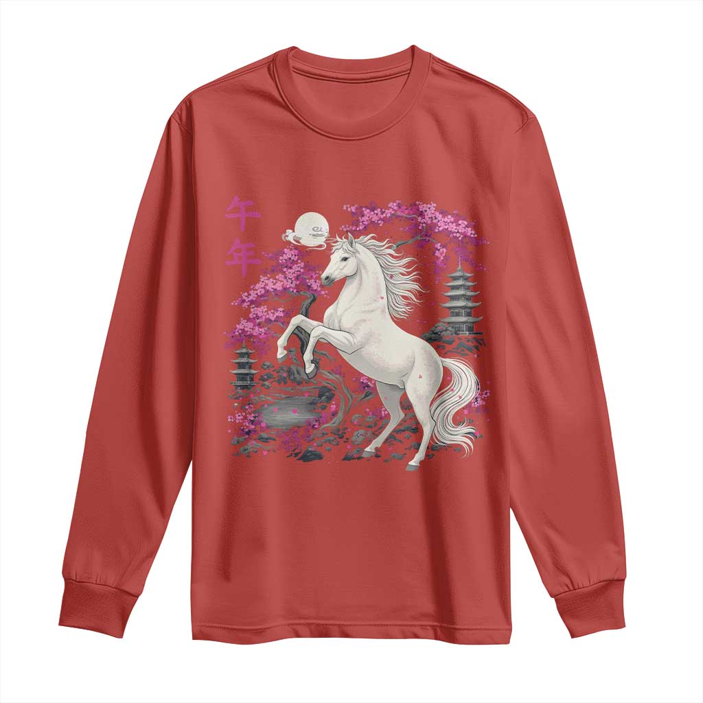 Japanese New Year 2026 Long Sleeve Shirt Year Of The Horse Sakura Cherry Blossom Shrine TS11 Red Print Your Wear