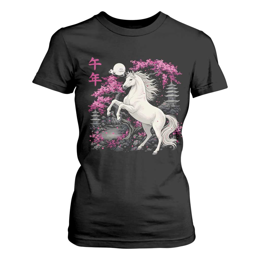 Japanese New Year 2026 T Shirt For Women Year Of The Horse Sakura Cherry Blossom Shrine TS11 Black Print Your Wear