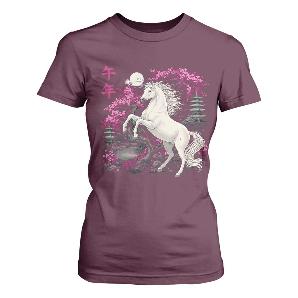 Japanese New Year 2026 T Shirt For Women Year Of The Horse Sakura Cherry Blossom Shrine TS11 Maroon Print Your Wear