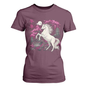 Japanese New Year 2026 T Shirt For Women Year Of The Horse Sakura Cherry Blossom Shrine TS11 Maroon Print Your Wear