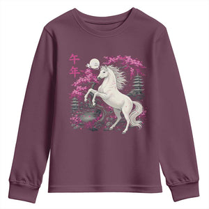 Japanese New Year 2026 Youth Sweatshirt Year Of The Horse Sakura Cherry Blossom Shrine TS11 Maroon Print Your Wear