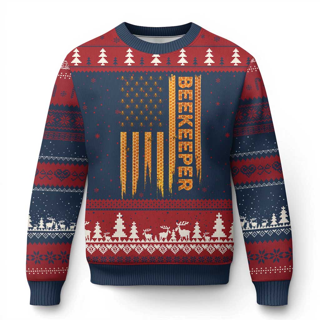Beekeeping American Flag Honeycomb Honey Bees Beekeeper Ugly Christmas Sweater TS11 Navy Red Print Your Wear