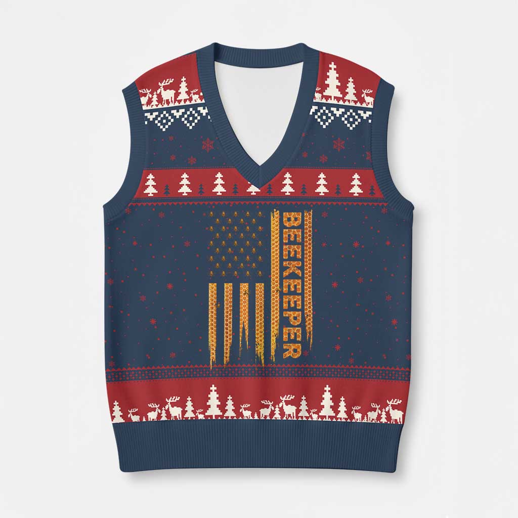Beekeeping American Flag Honeycomb Honey Bees Beekeeper V-Neck Knit Sweater Vest TS11 Navy Red Print Your Wear