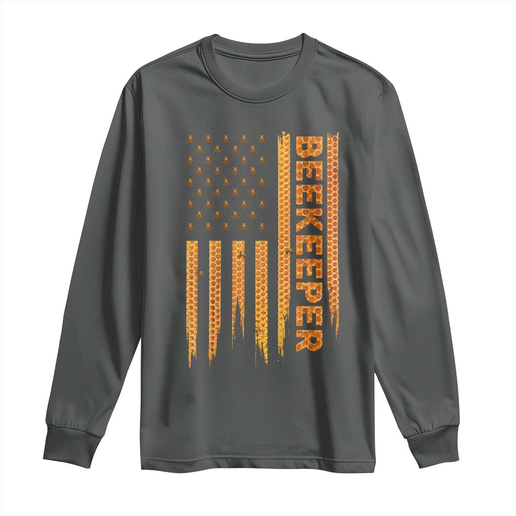 Beekeeping American Flag Honeycomb Honey Bees Beekeeper Long Sleeve Shirt TS11 Dark Heather Print Your Wear