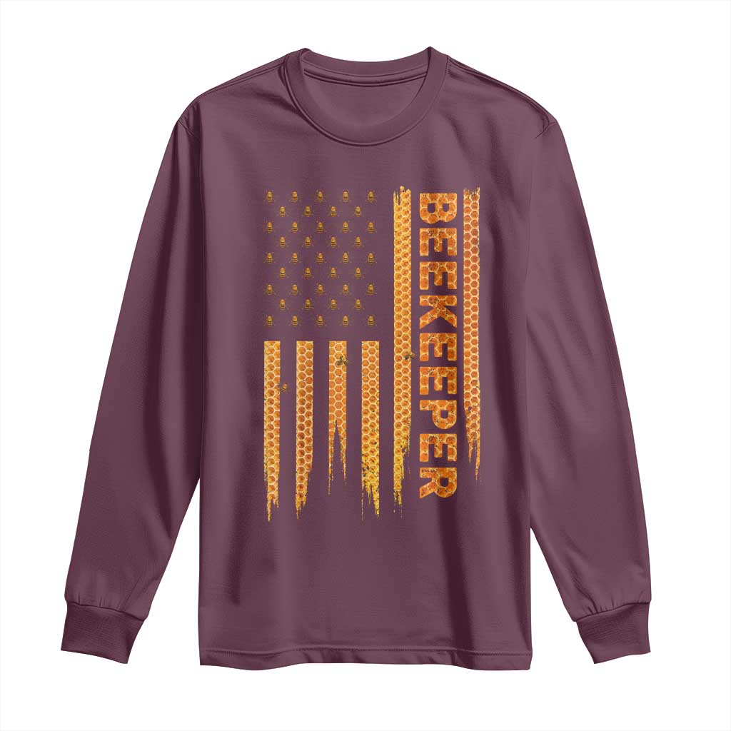 Beekeeping American Flag Honeycomb Honey Bees Beekeeper Long Sleeve Shirt TS11 Maroon Print Your Wear