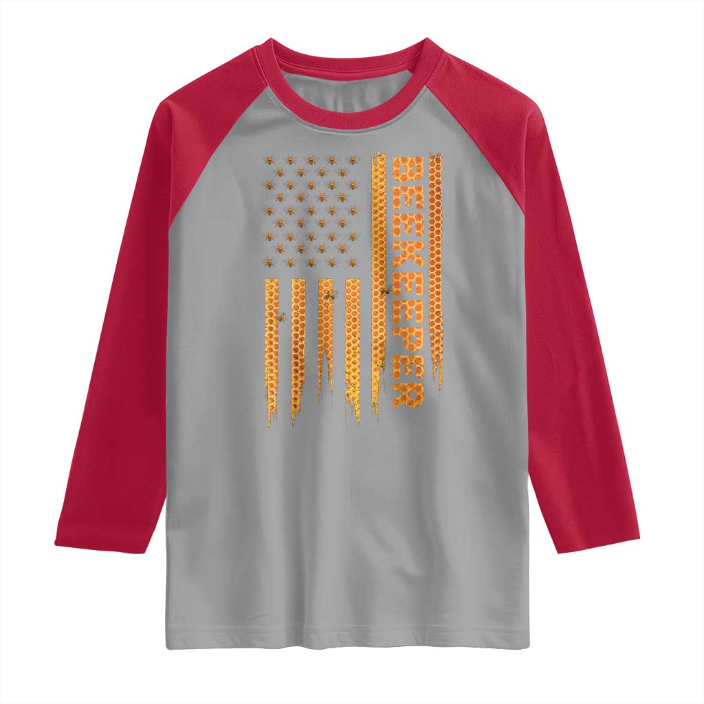 Beekeeping American Flag Honeycomb Honey Bees Beekeeper Raglan Shirt TS11 Sport Gray Red Print Your Wear