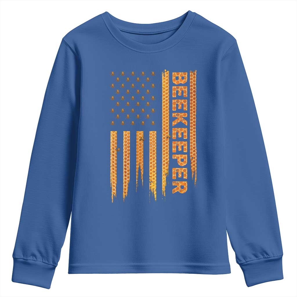 Beekeeping American Flag Honeycomb Honey Bees Beekeeper Youth Sweatshirt TS11 Royal Blue Print Your Wear
