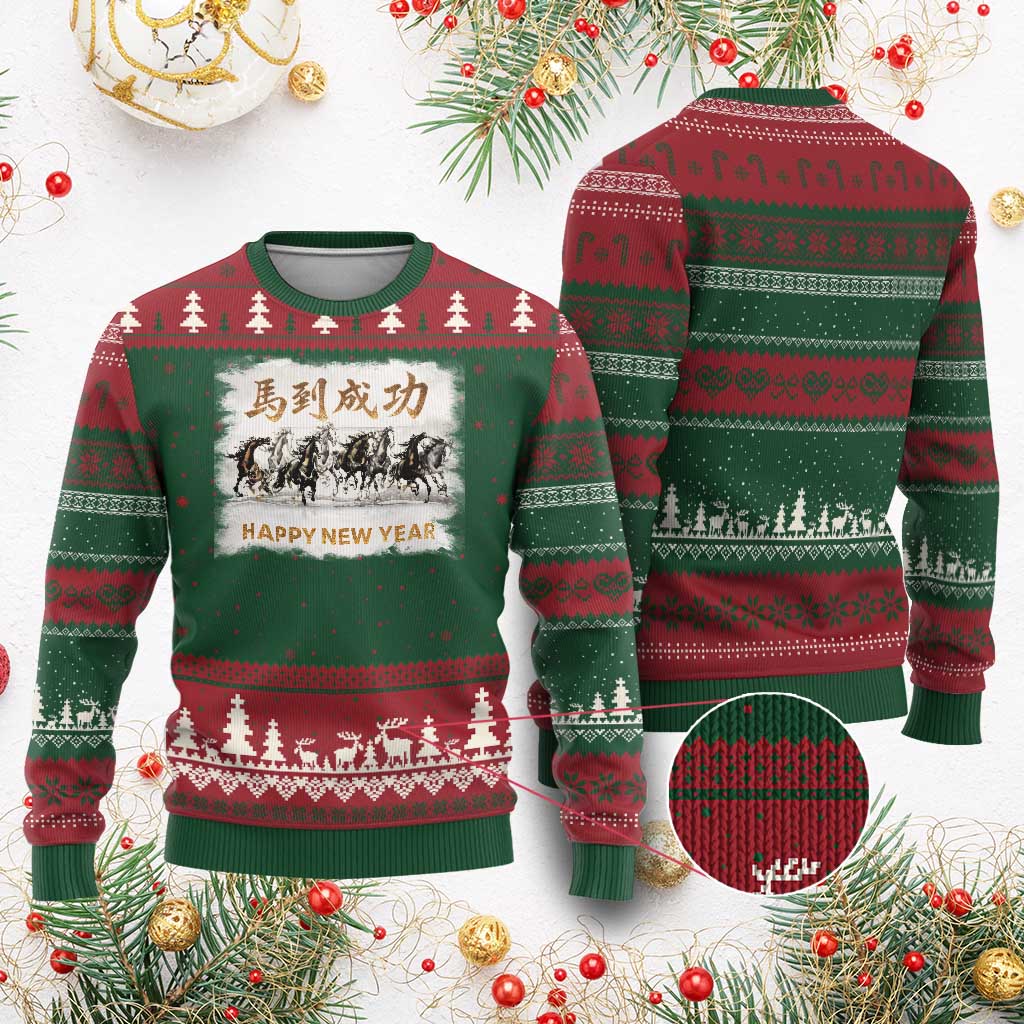 Year of The Horse 2026 Ugly Christmas Sweater Happy New Year Gallop Of The 8 Horses TS11 Red Green Print Your Wear