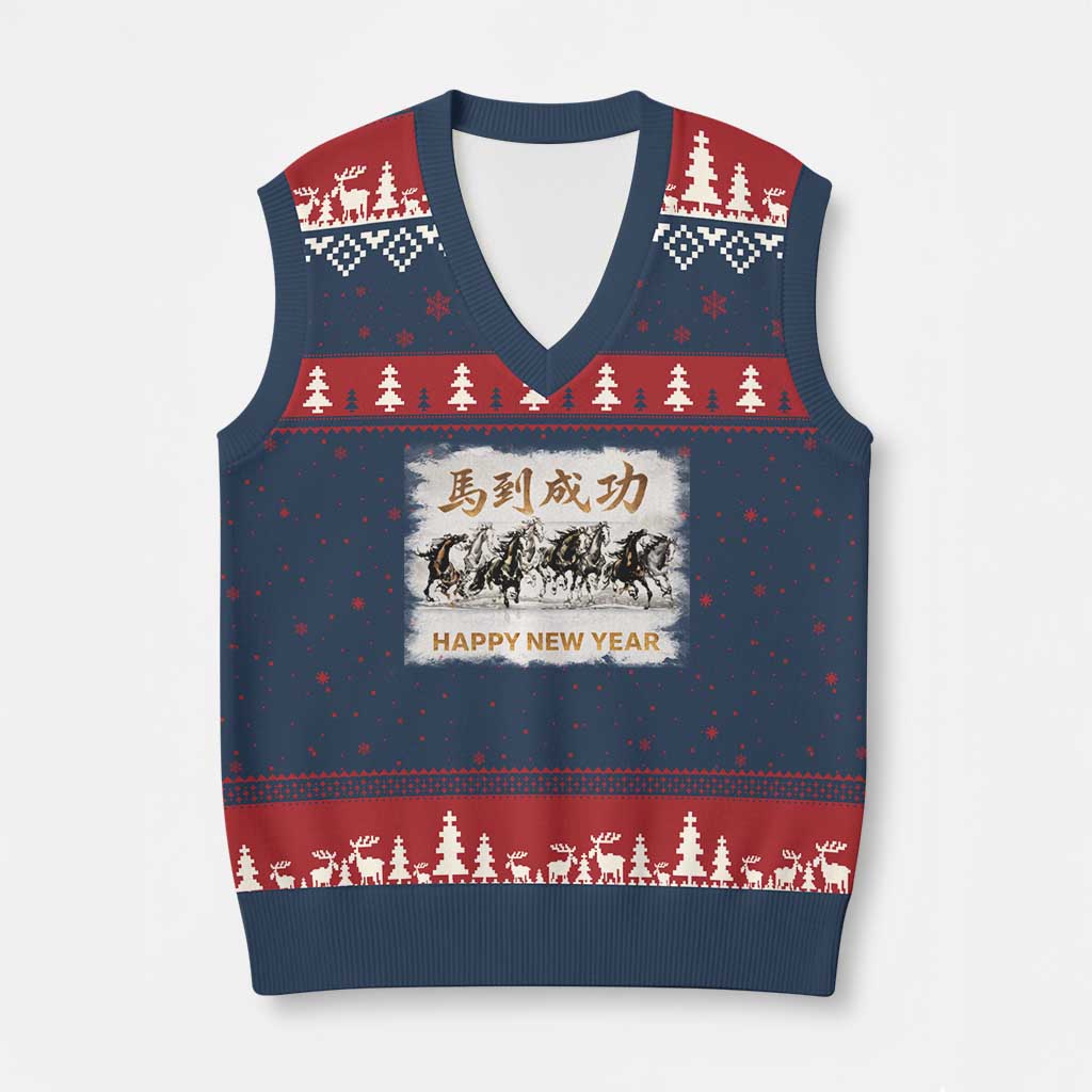 Year of The Horse 2026 V-Neck Knit Sweater Vest Happy New Year Gallop Of The 8 Horses TS11 Navy Red Print Your Wear