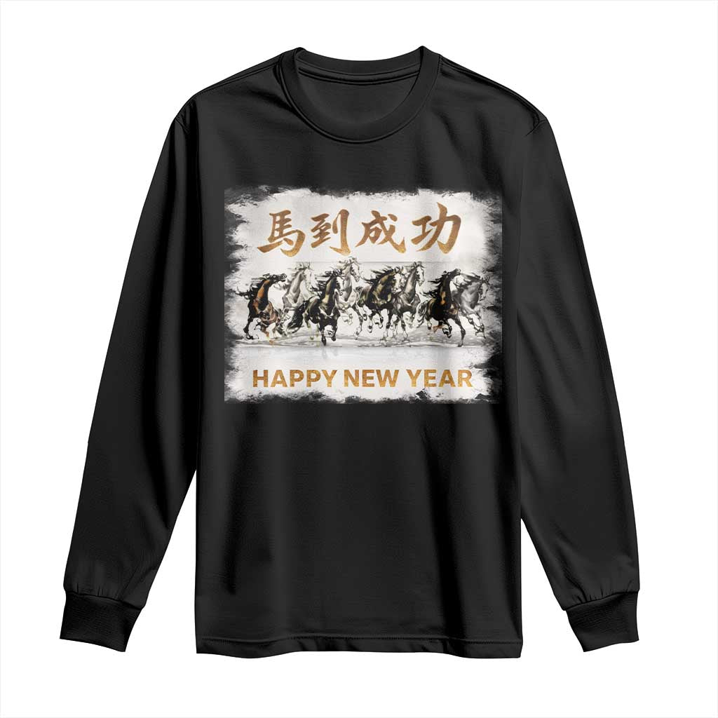 Year of The Horse 2026 Long Sleeve Shirt Happy New Year Gallop Of The 8 Horses TS11 Black Print Your Wear