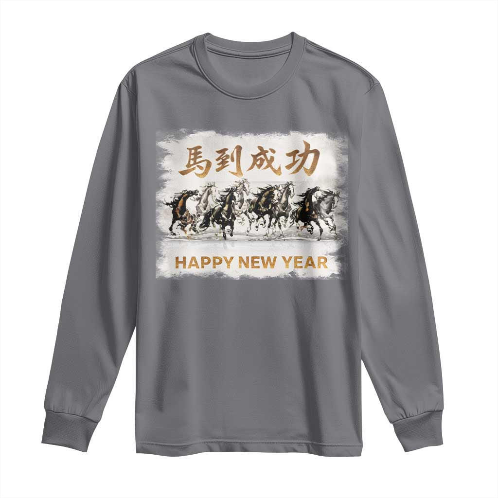 Year of The Horse 2026 Long Sleeve Shirt Happy New Year Gallop Of The 8 Horses TS11 Charcoal Print Your Wear