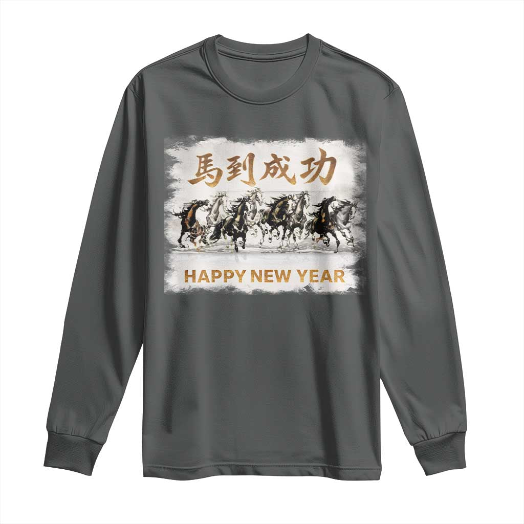 Year of The Horse 2026 Long Sleeve Shirt Happy New Year Gallop Of The 8 Horses TS11 Dark Heather Print Your Wear