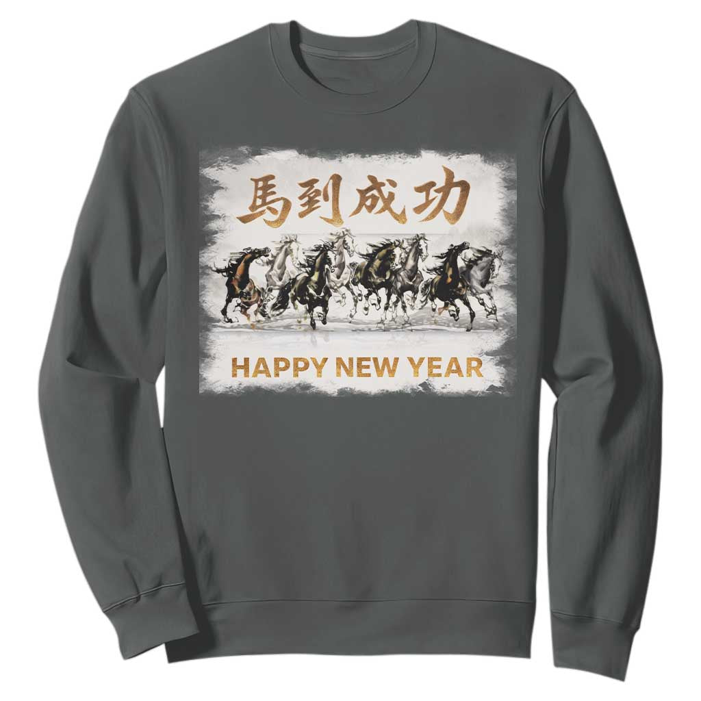 Year of The Horse 2026 Sweatshirt Happy New Year Gallop Of The 8 Horses TS11 Dark Heather Print Your Wear