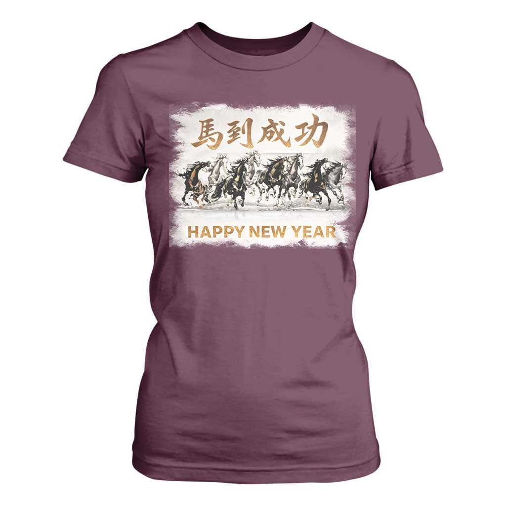 Year of The Horse 2026 T Shirt For Women Happy New Year Gallop Of The 8 Horses TS11 Maroon Print Your Wear