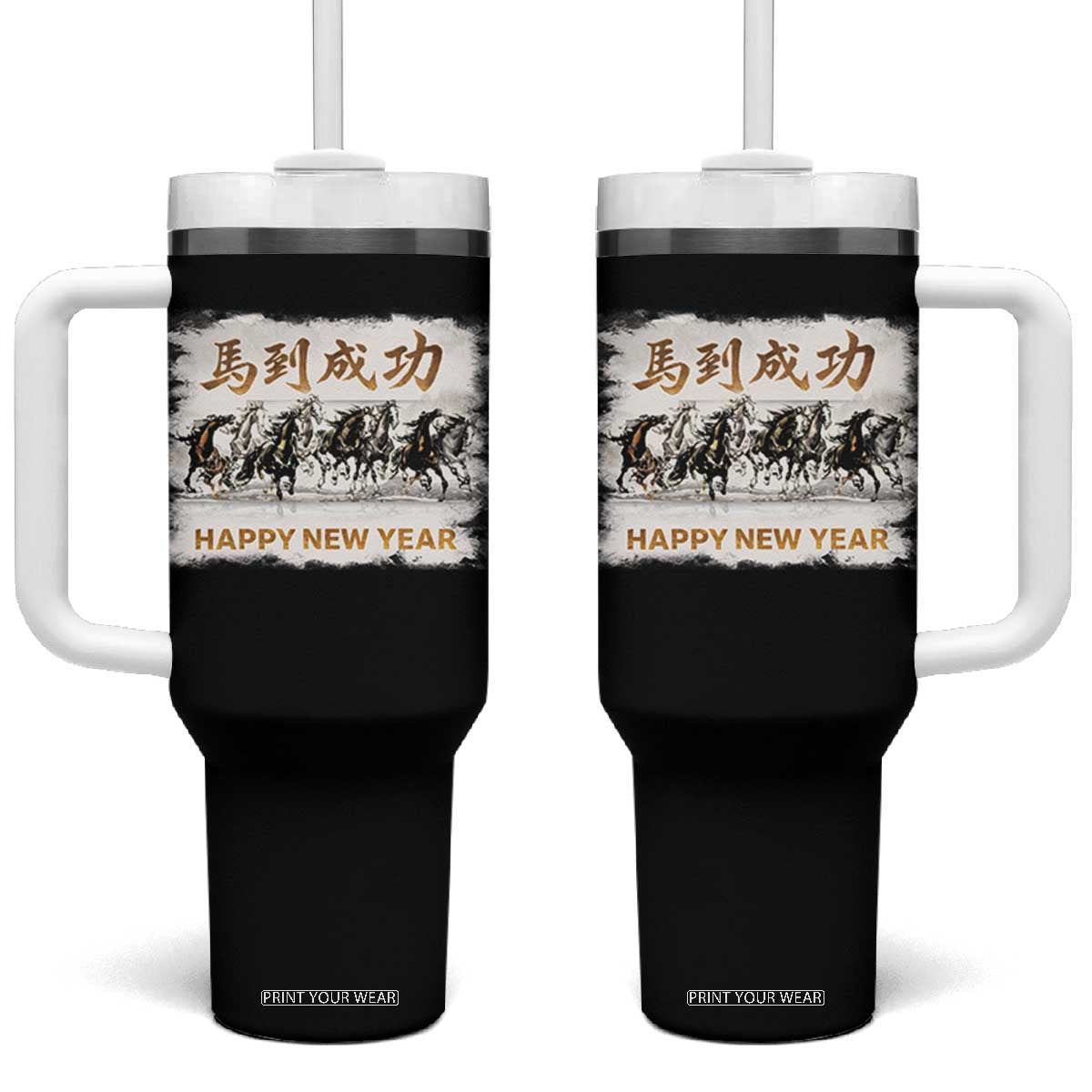 Year of The Horse 2026 Tumbler With Handle Happy New Year Gallop Of The 8 Horses TS11 One Size: 40 oz Black Print Your Wear