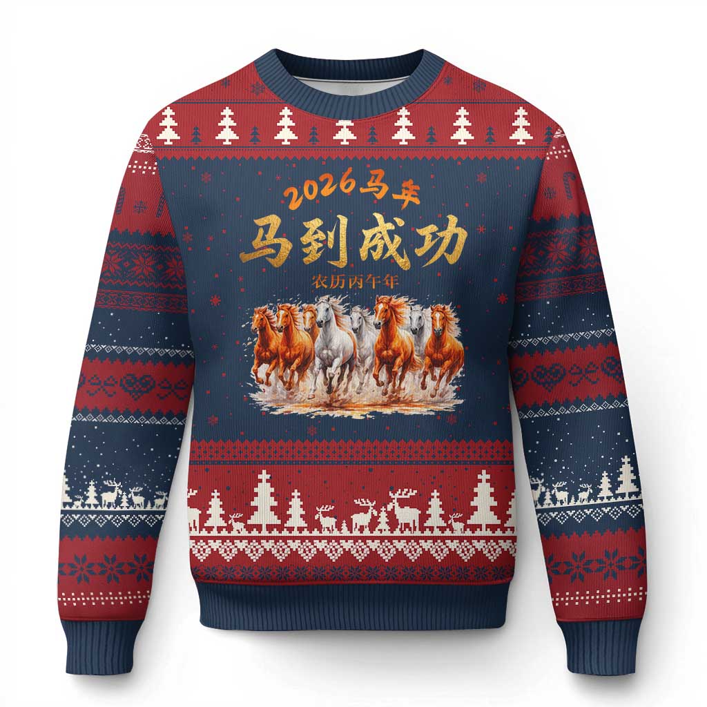 Gallop Of The 8 Horses Ugly Christmas Sweater Chinese New Year 2026 Year of The Horse TS11 Navy Red Print Your Wear