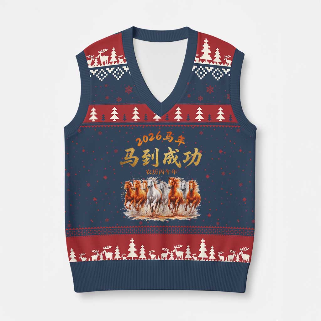 Gallop Of The 8 Horses V-Neck Knit Sweater Vest Chinese New Year 2026 Year of The Horse TS11 Navy Red Print Your Wear