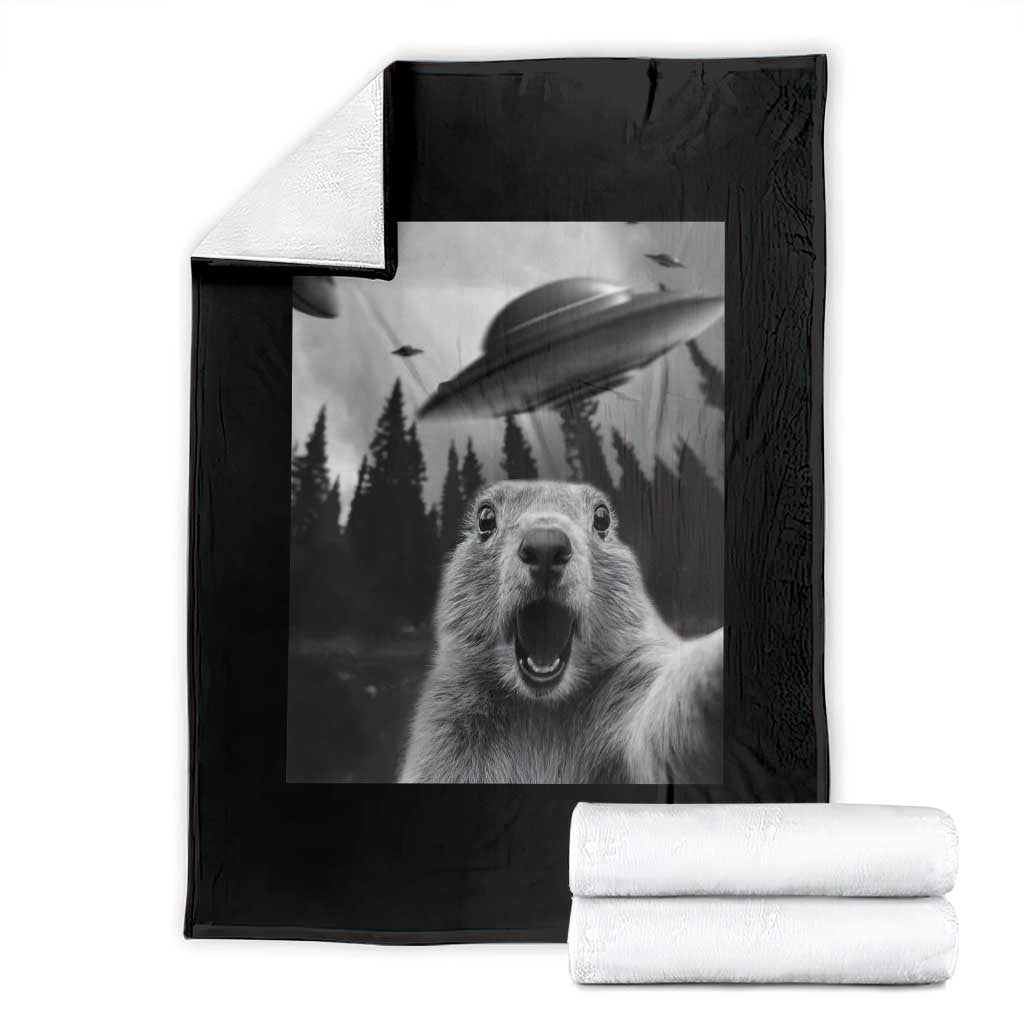 Funny Groundhog Selfie With Alien UFOs Weird Ground Hog Day Throw Blanket TS11 Black Print Your Wear