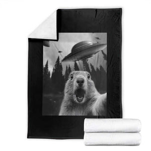 Funny Groundhog Selfie With Alien UFOs Weird Ground Hog Day Throw Blanket TS11 Black Print Your Wear