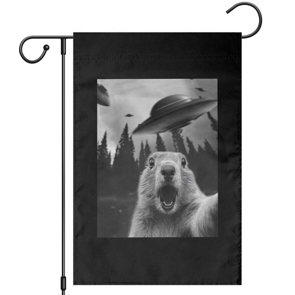 Funny Groundhog Selfie With Alien UFOs Weird Ground Hog Day Garden Flag TS11 Black Print Your Wear