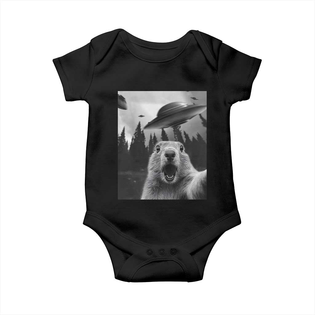 Funny Groundhog Selfie With Alien UFOs Weird Ground Hog Day Baby Onesie TS11 Black Print Your Wear