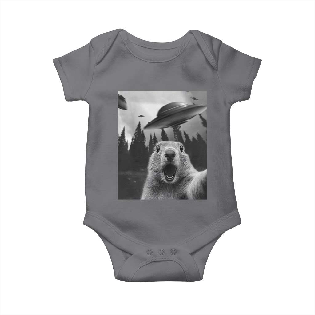Funny Groundhog Selfie With Alien UFOs Weird Ground Hog Day Baby Onesie TS11 Charcoal Print Your Wear