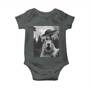 Funny Groundhog Selfie With Alien UFOs Weird Ground Hog Day Baby Onesie TS11 Dark Heather Print Your Wear