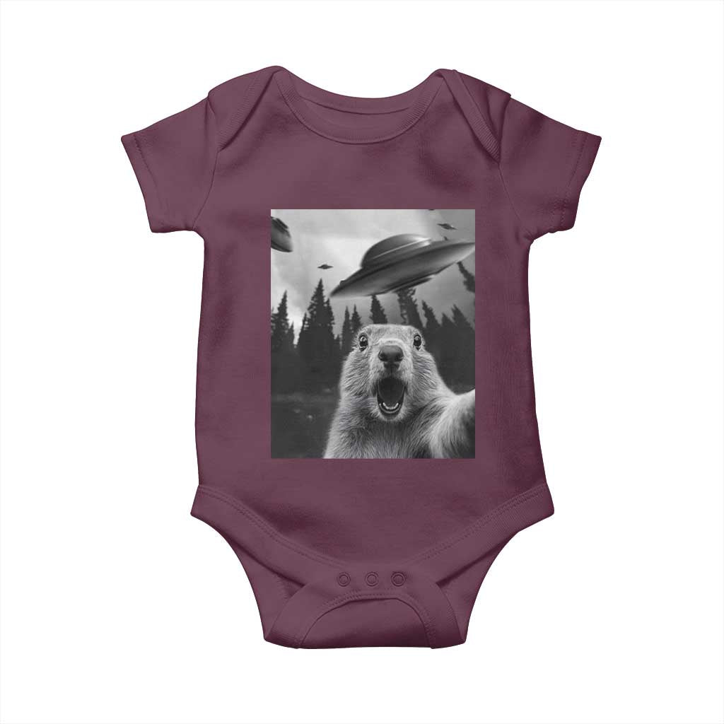 Funny Groundhog Selfie With Alien UFOs Weird Ground Hog Day Baby Onesie TS11 Maroon Print Your Wear