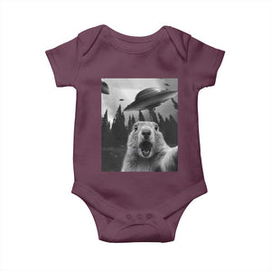 Funny Groundhog Selfie With Alien UFOs Weird Ground Hog Day Baby Onesie TS11 Maroon Print Your Wear