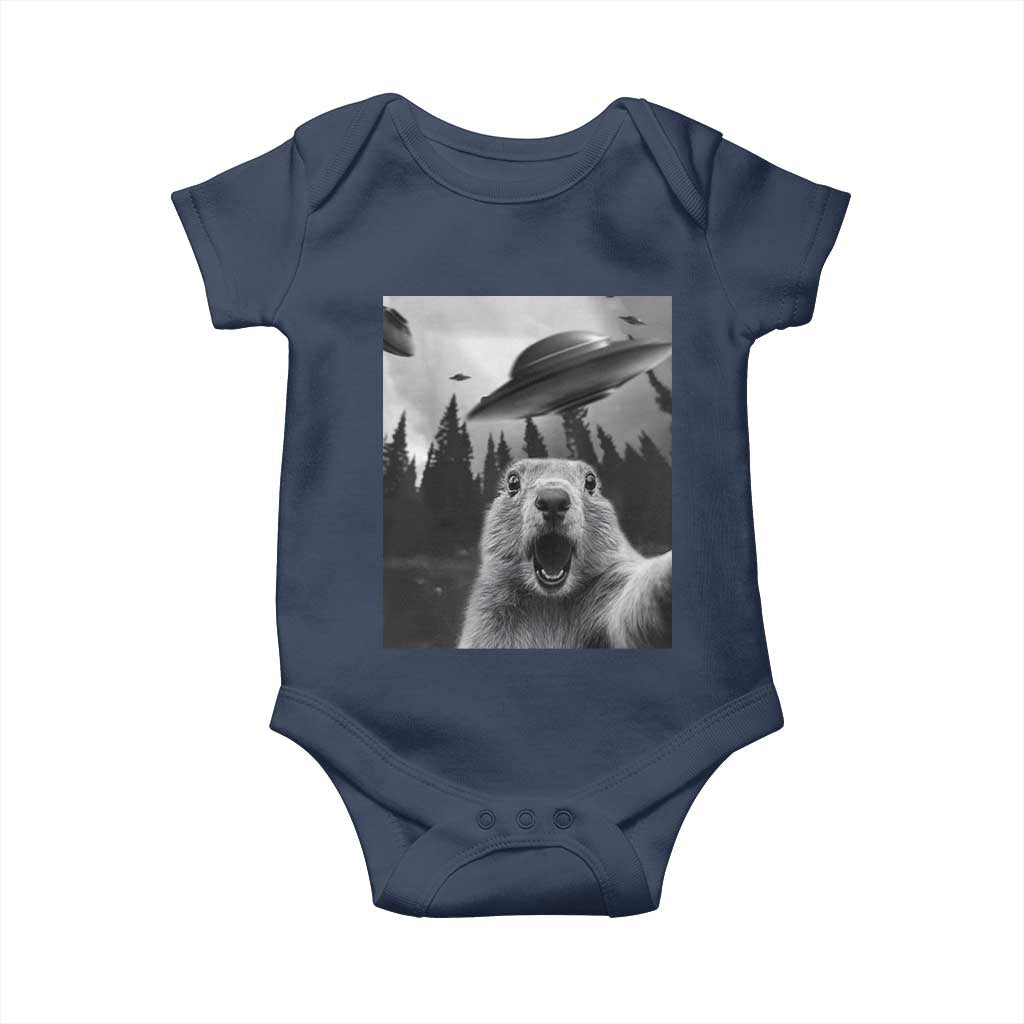 Funny Groundhog Selfie With Alien UFOs Weird Ground Hog Day Baby Onesie TS11 Navy Print Your Wear
