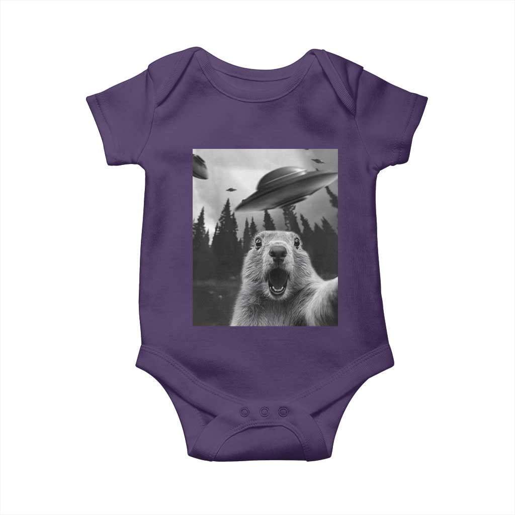 Funny Groundhog Selfie With Alien UFOs Weird Ground Hog Day Baby Onesie TS11 Purple Print Your Wear