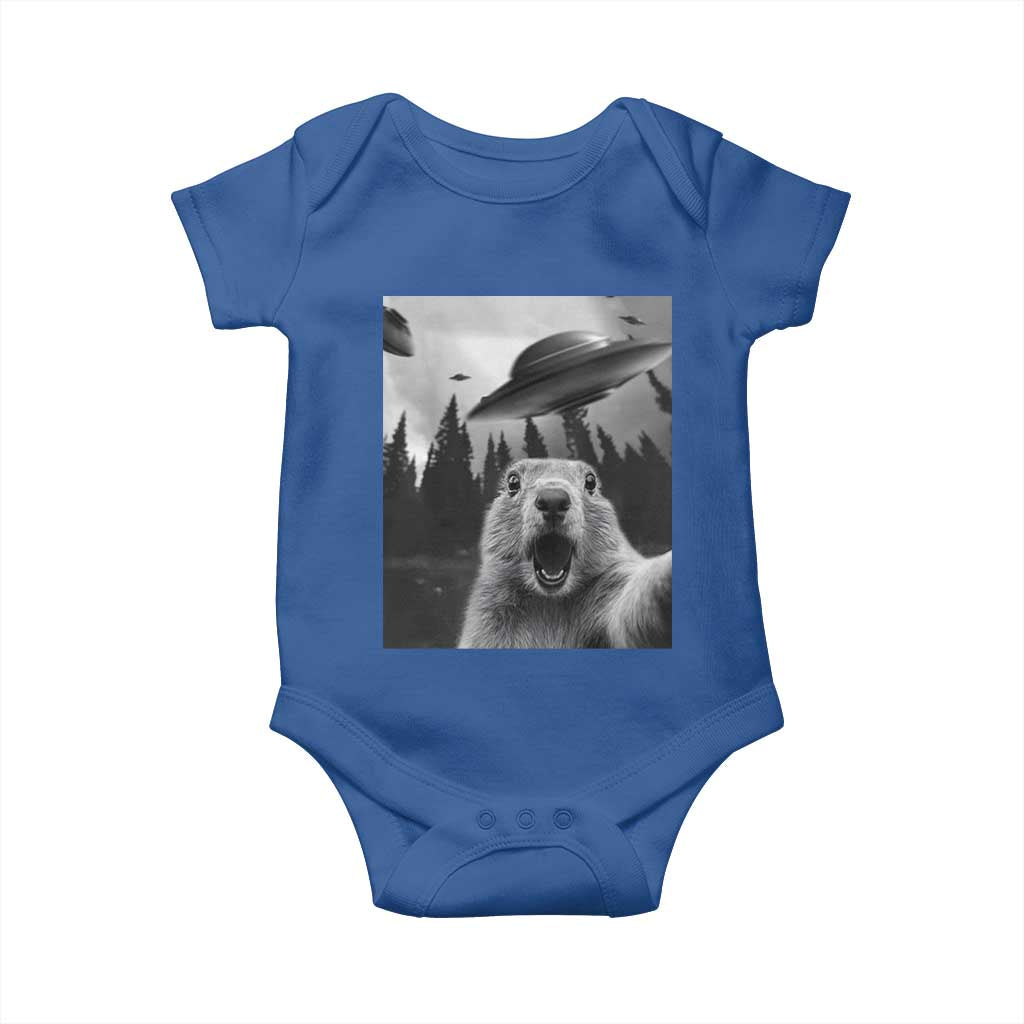 Funny Groundhog Selfie With Alien UFOs Weird Ground Hog Day Baby Onesie TS11 Royal Blue Print Your Wear