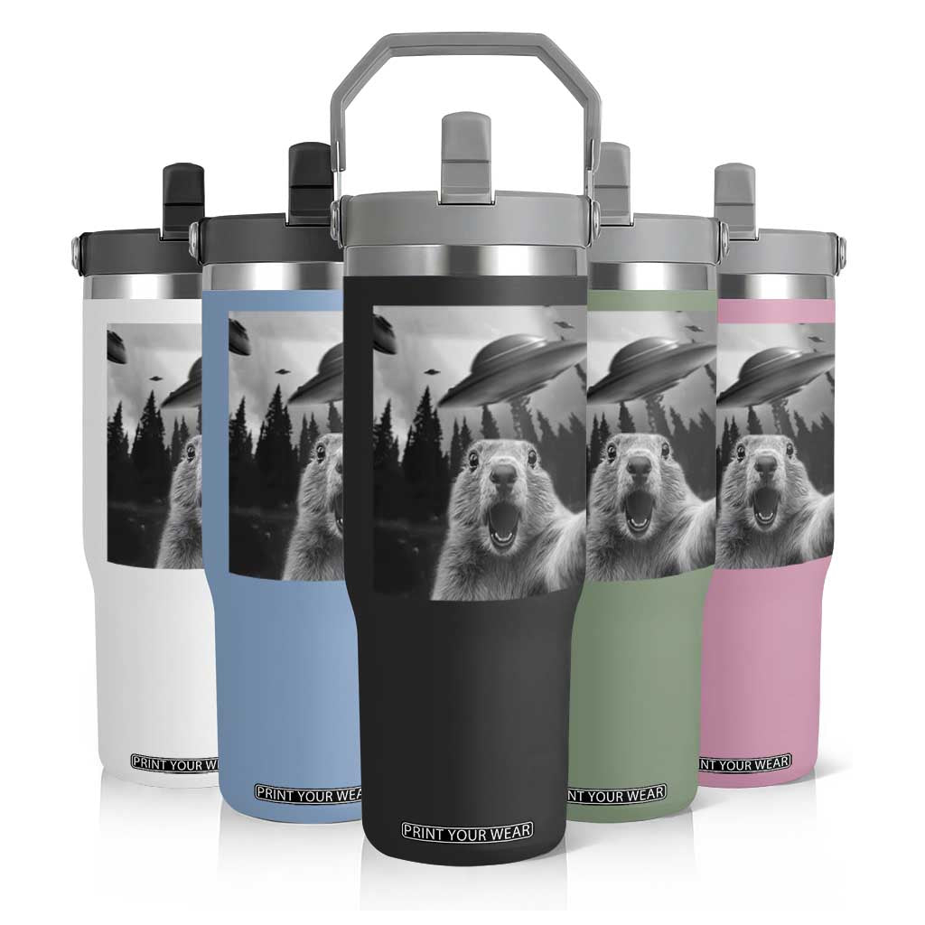 Funny Groundhog Selfie With Alien UFOs Weird Ground Hog Day Flip Straw Tumbler TS11 Print Your Wear