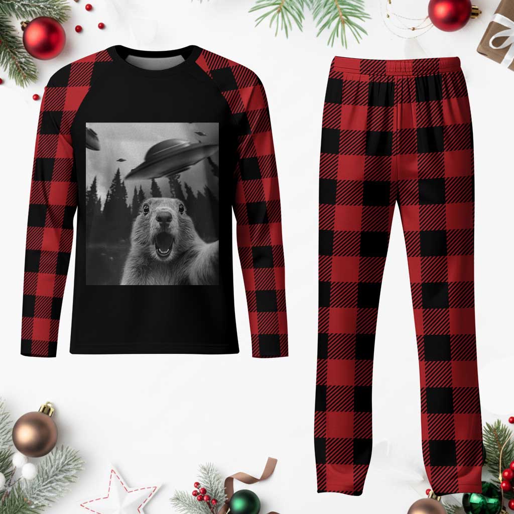 Funny Groundhog Selfie With Alien UFOs Weird Ground Hog Day Plaid Pajama Set TS11 Buffalo Plaid Print Your Wear