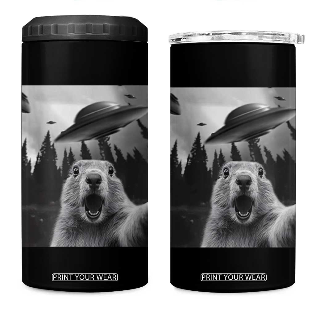 Funny Groundhog Selfie With Alien UFOs Weird Ground Hog Day 4 in 1 Can Cooler Tumbler TS11 One Size: 16 oz Black Print Your Wear