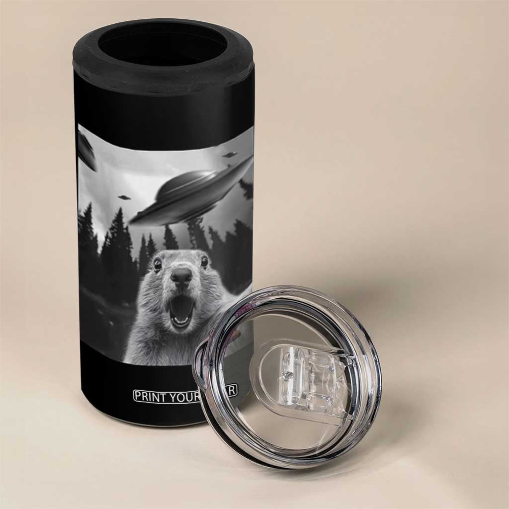 Funny Groundhog Selfie With Alien UFOs Weird Ground Hog Day 4 in 1 Can Cooler Tumbler TS11 Print Your Wear