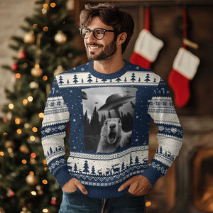 Funny Groundhog Selfie With Alien UFOs Weird Ground Hog Day Ugly Christmas Sweater TS11 Navy Beige Print Your Wear