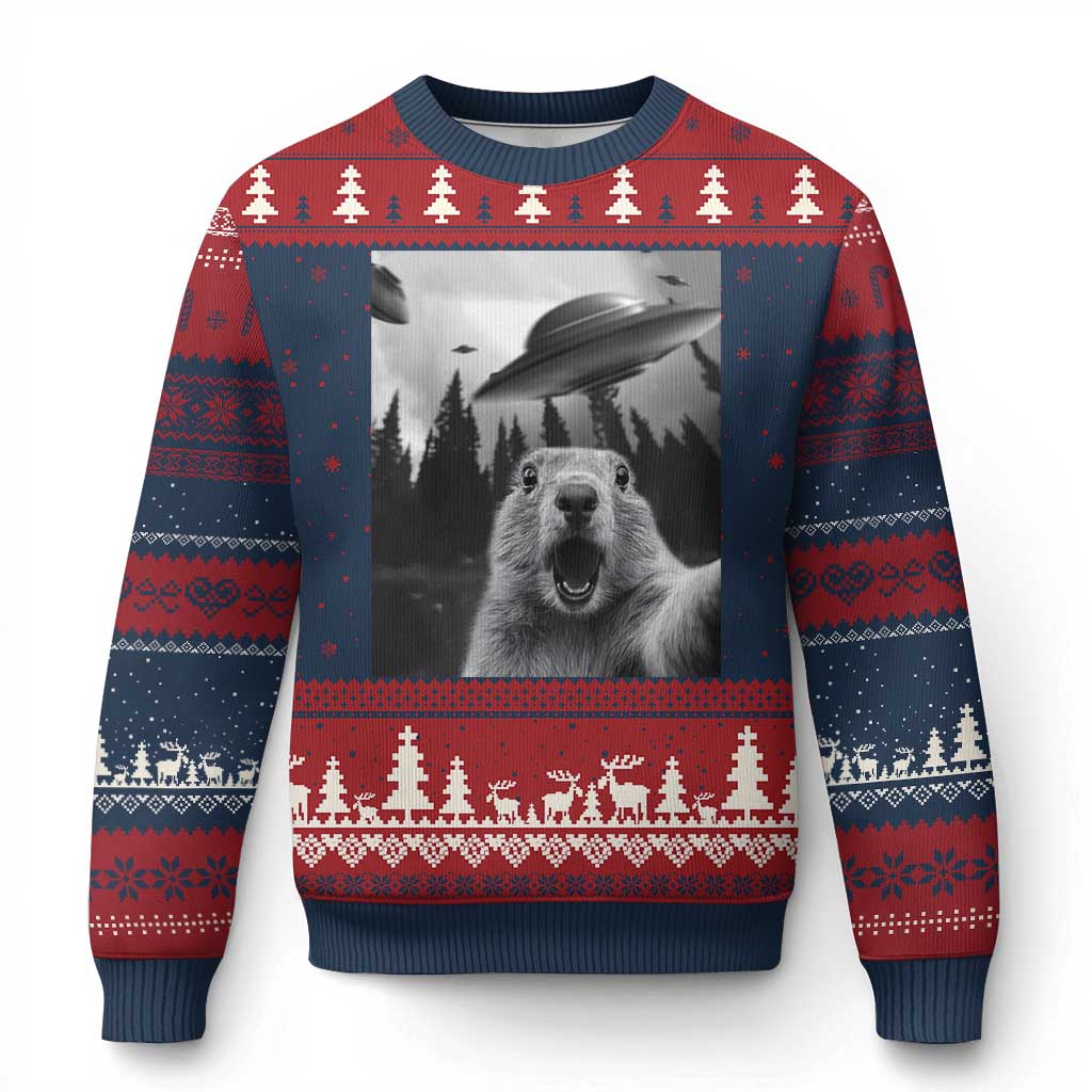 Funny Groundhog Selfie With Alien UFOs Weird Ground Hog Day Ugly Christmas Sweater TS11 Navy Red Print Your Wear