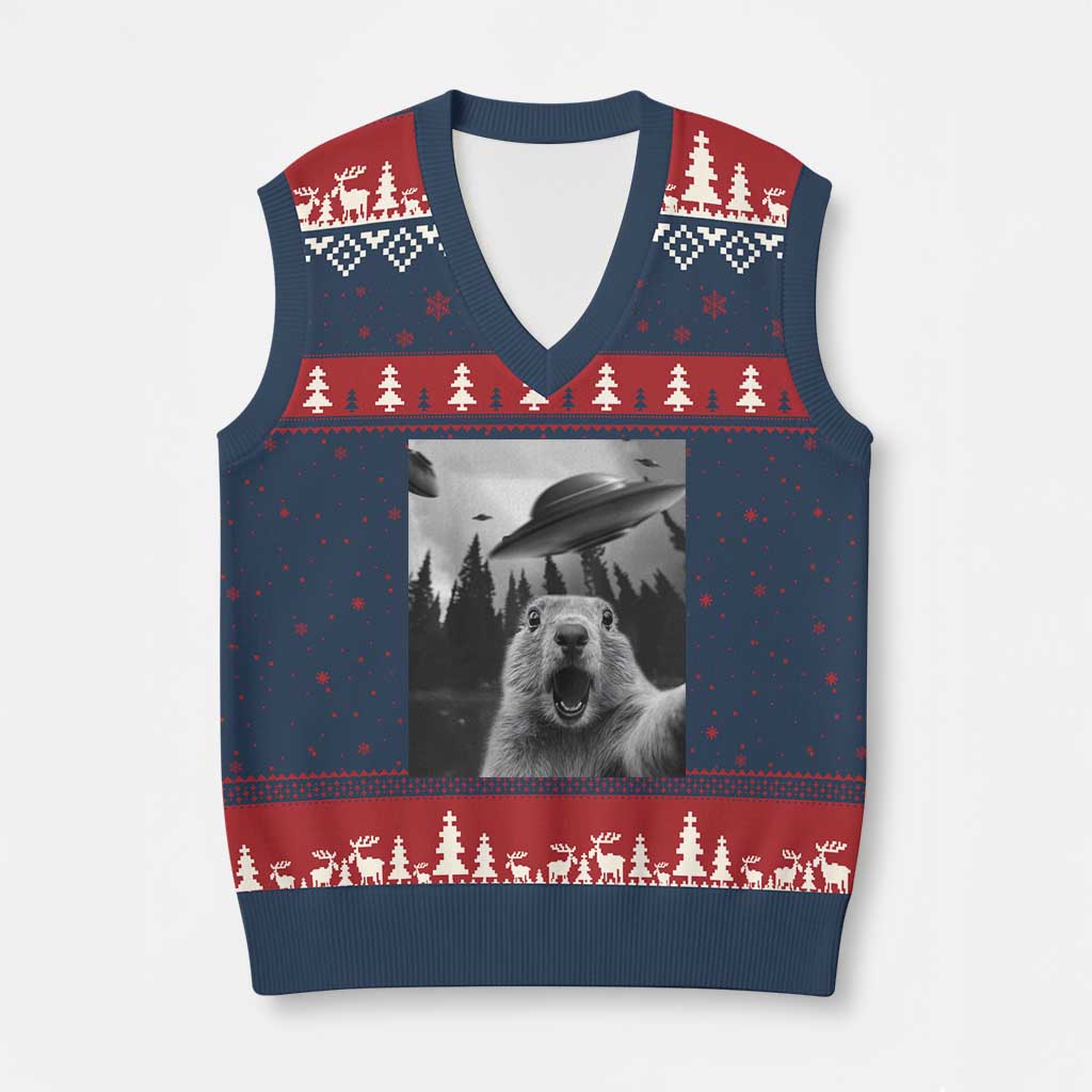 Funny Groundhog Selfie With Alien UFOs Weird Ground Hog Day V-Neck Knit Sweater Vest TS11 Navy Red Print Your Wear