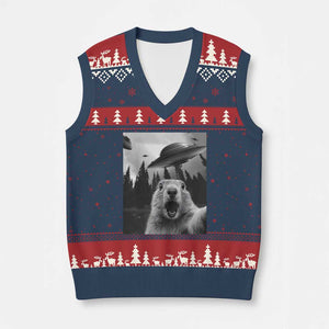 Funny Groundhog Selfie With Alien UFOs Weird Ground Hog Day V-Neck Knit Sweater Vest TS11 Navy Red Print Your Wear