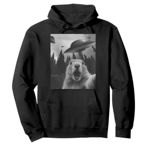 Funny Groundhog Selfie With Alien UFOs Weird Ground Hog Day Hoodie TS11 Black Print Your Wear