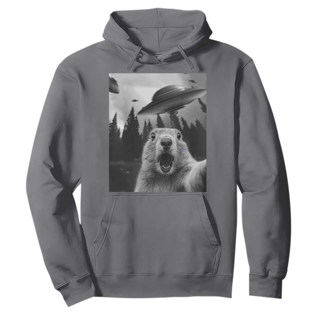 Funny Groundhog Selfie With Alien UFOs Weird Ground Hog Day Hoodie TS11 Charcoal Print Your Wear