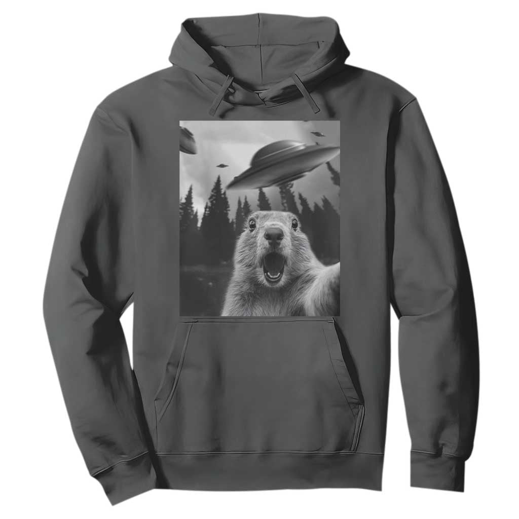 Funny Groundhog Selfie With Alien UFOs Weird Ground Hog Day Hoodie TS11 Dark Heather Print Your Wear