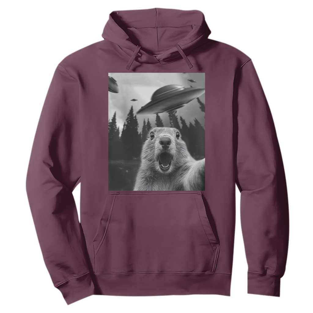 Funny Groundhog Selfie With Alien UFOs Weird Ground Hog Day Hoodie TS11 Maroon Print Your Wear