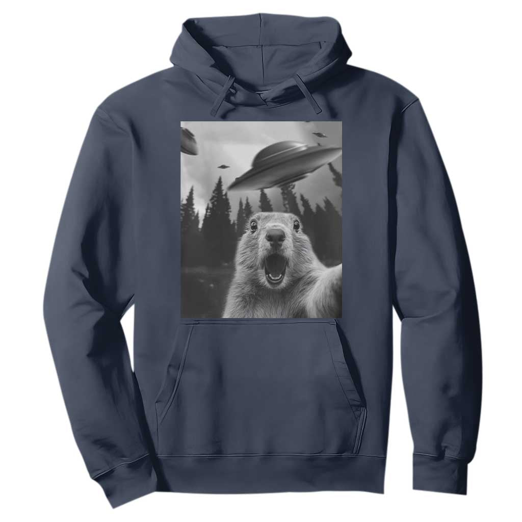Funny Groundhog Selfie With Alien UFOs Weird Ground Hog Day Hoodie TS11 Navy Print Your Wear